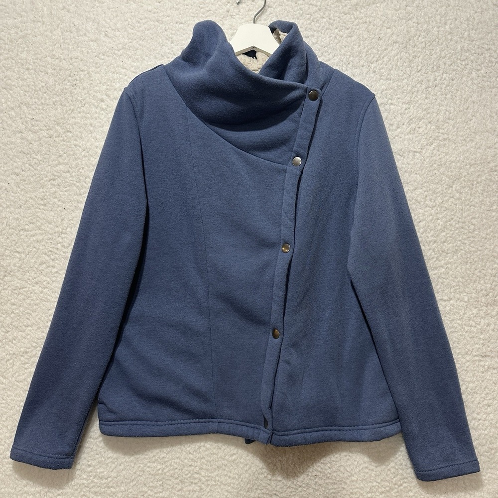 Columbia Women's Jacket Blue Fleece Asymmetric Snap Sherpa Lined Mock Neck Sz XL